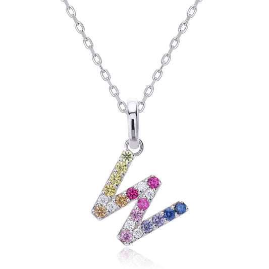 A delicate sterling silver cable chain necklace supporting an uppercase letter W pendant, micro-pave set with a continuous zigzag rainbow gradient of multi-color lab sapphires.