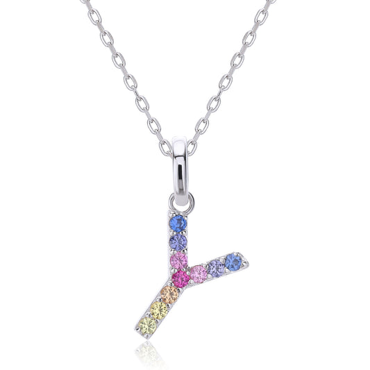 A solid sterling silver cable chain necklace showcasing an uppercase letter Y pendant intricately hand-set with a branching rainbow gradient of round multi-color lab sapphires.