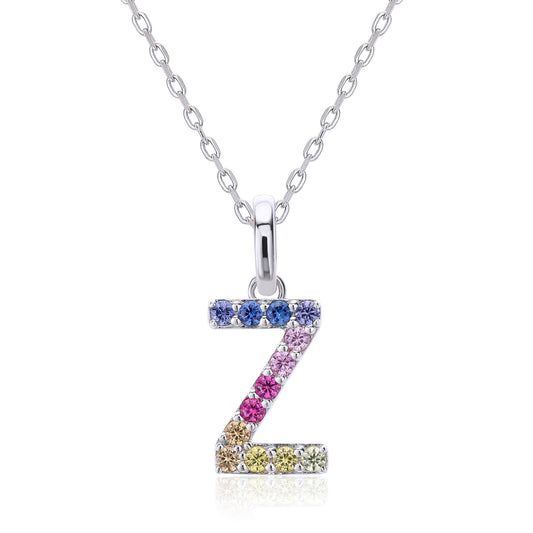 A delicate sterling silver cable chain secure with a modern uppercase letter Z pendant, beautifully adorned with a continuous micro-pave wave of multi-colored round lab-grown sapphires.